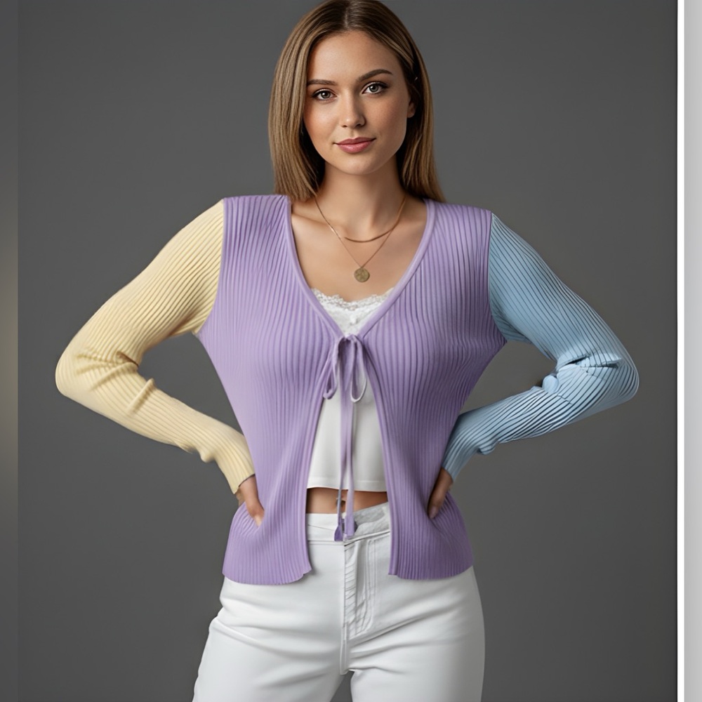 Rib Knit Tie Front Color Block Cardigan